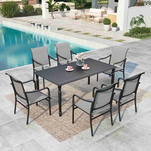 Summit Living 7-Piece Outdoor Patio Dining Set with 6 Textilene Chairs & Large Rectangular Table, Black & Gray-Brown