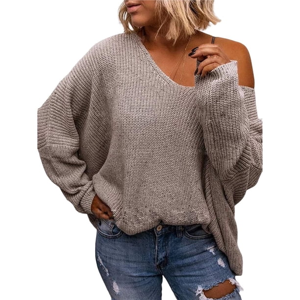 Suéter Holgado de Punto de Larga con Cuello en V para Mujer Color Camello M
