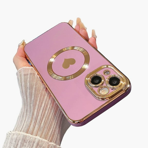 Magnetic case for iPhone 14 Case for Women, Cute Gold Love Heart Soft MagSafe Case, Raised Full Camera Lens Protection Phone Case for iPhone 14 MagSafe Case 6.1"- Light Purple