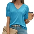 thumbnail image 4 of Summer Short Sleeve Women V Neck Solid Puff Sleeve T Shirt, 4 of 6