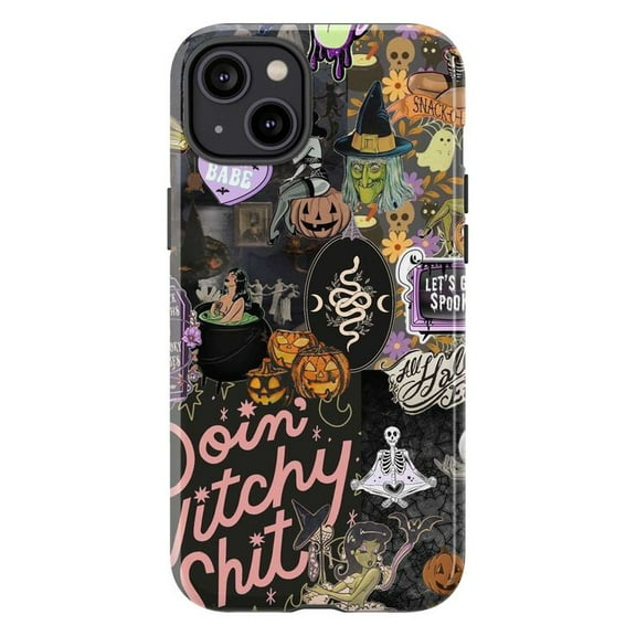 Witchy Halloween Phone Case for iPhone 16 15 14 13 12 11 Pro Max Plus Mini – Vintage Witch, Pumpkin & Skeleton Protective Hard Cover