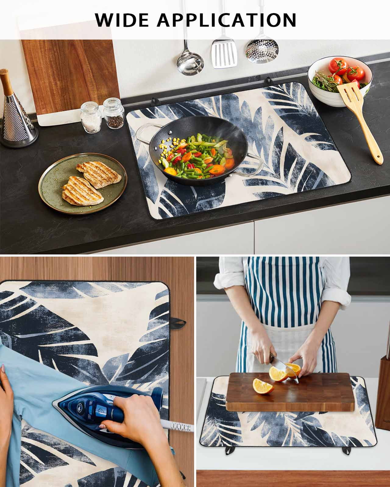 nqOlkjepod Large Induction Cooktop Protector Mat 36"x21", Vintage Navy Blue Botanical Stove Top Covers for Electric Stove, Retro Tropical Leaves Stove Burner Cover Mats, Glass Top Stove Cover