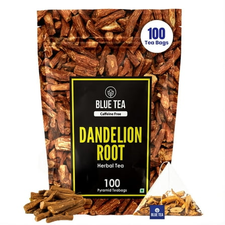 BLUE TEA - Dandelion Root Tea - 100 Count - Pyramid Plant Based Tea Bag | IMPROVES DIGESTION | Detox Tea | Herbal Tea - Caffeine Free - Non-Bitter - Non-GMO - Mild Flavor | Ziplock Pack