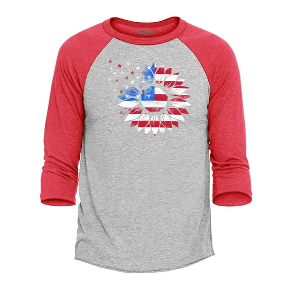 Shop4Ever Men's American Flag Sunflower Flower Star 4th of July Raglan Baseball Shirt XXX-Large Heather Grey/Red