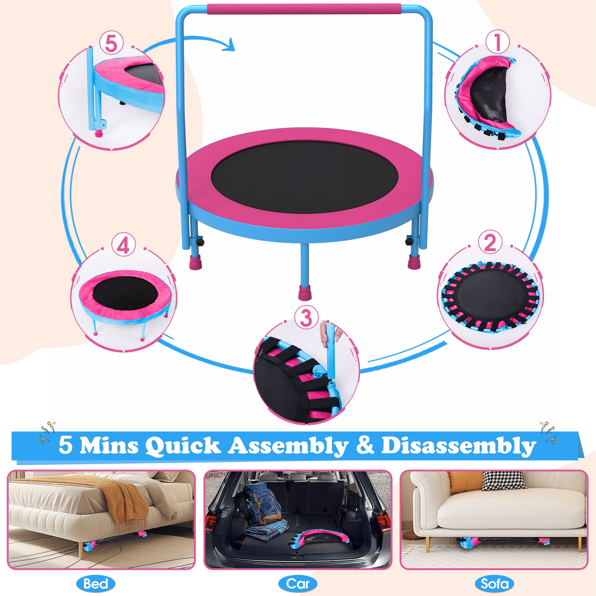 Cochan 36inch Mini Trampoline for Kids, 3FT Small Indoor Trampoline with Handlebar Ages 1-6, Foldable Kids Trampoline for Toddlers, Brithday Gift for Boy and Girl