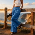 thumbnail image 6 of Womens Linen Lace Trim Pants Summer Boho Elastic Waist Wide Leg Palazzo Pants Flowy Pull on Vacation Beach Pants, L, 6 of 7