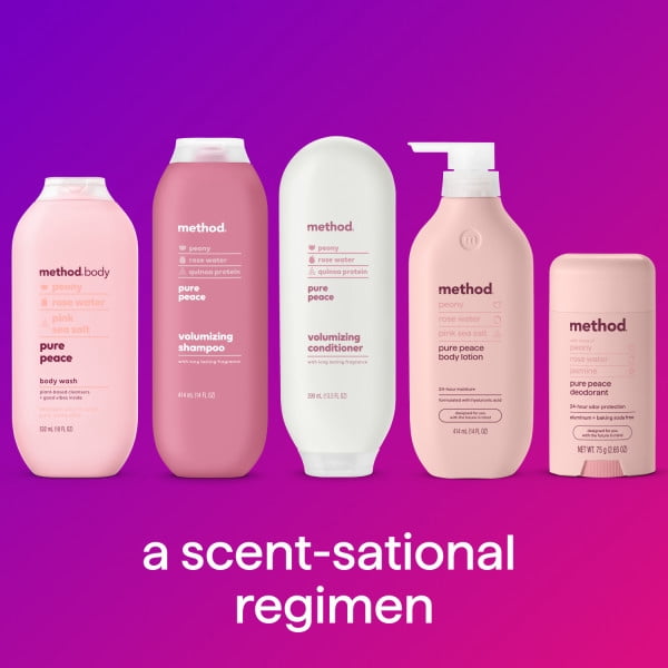 Method Body Lotion, Pure Peace, Rose Water, Peonies + Pink Sea Salt notes, 24 Hours of Moisture, 14 oz