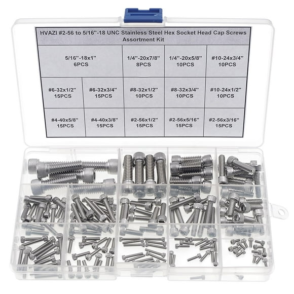 HVAZI #2-56 to 5/16"-18 UNC Stainless Steel Hex Socket Head Cap Screws/Bolts Assortment Kit