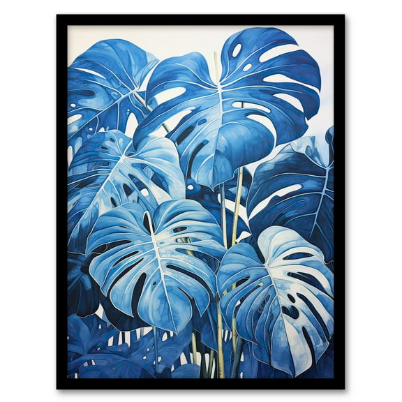 Monstera Plant Leaves in Blue Watercolour Painting Art Print Framed Poster Wall Decor 12x16 inch