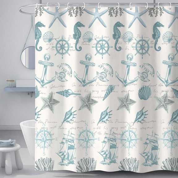 Nautical Coastal Themed Bathroom Shower Curtain, Starfish Seashell Coral Anchor Sailboat Compass Decor Beach Bath Curtain, Waterproof Polyester Fabric with Hooks, Teal Blue