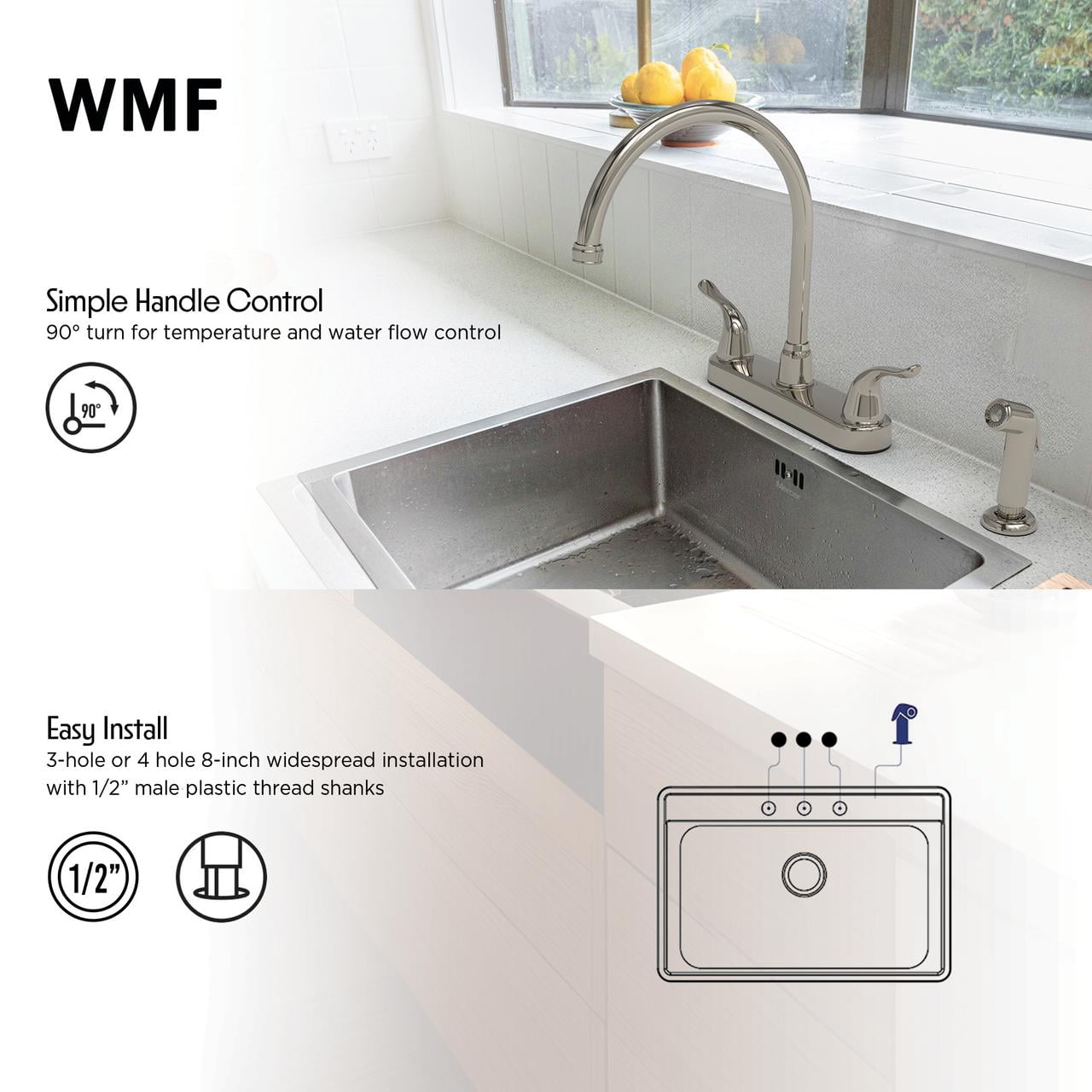 Brushed Nickel Non Metallic High Spout Double Handle Faucet With Spray