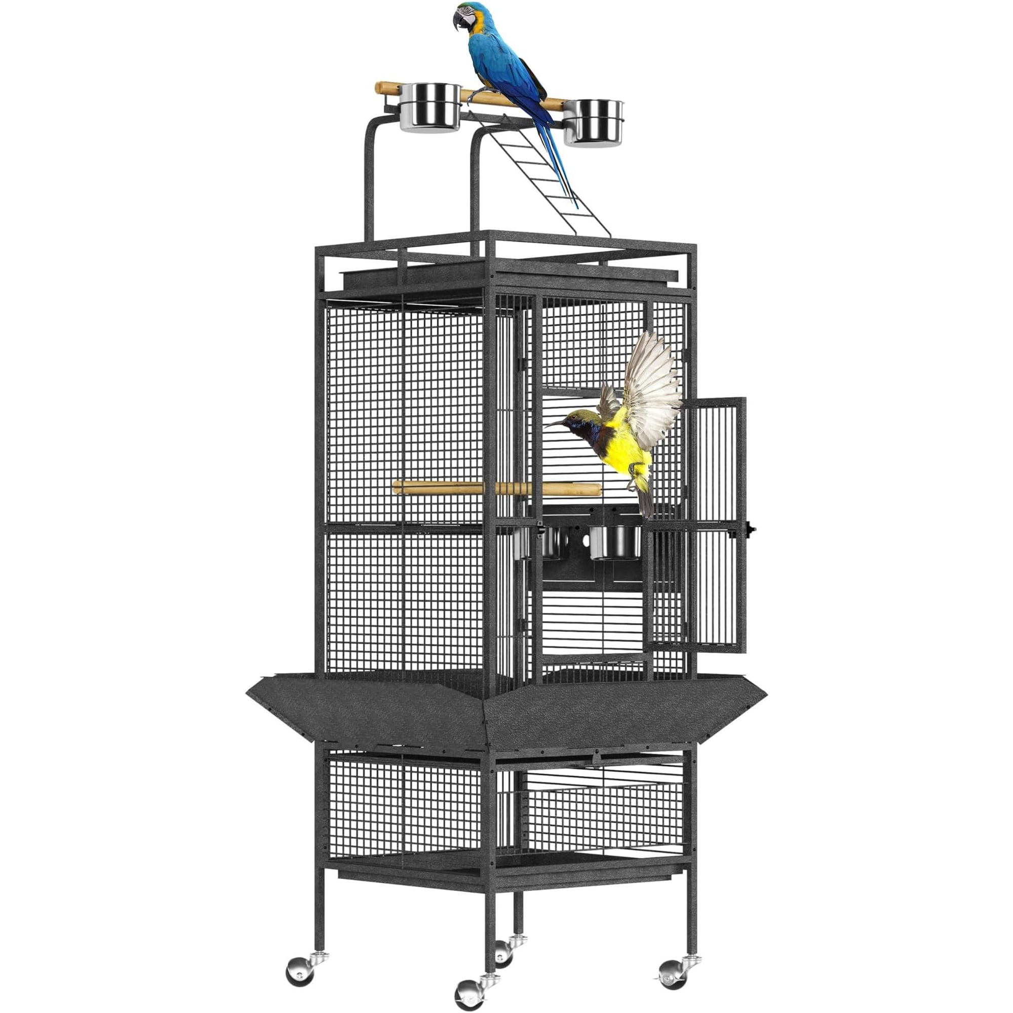 61 Inch Large Bird Cage Rolling Wrought Iron Parrot Cage with Play Top & Bowls for Mid-Sized Parrots Cockatiels Conures Parakeets Lovebirds Budgie Finch Dark Grey