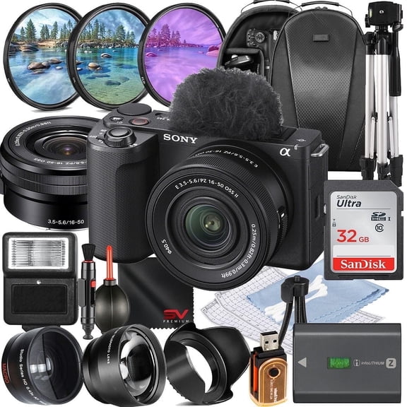 Sony ZV-E10 II Mirrorless Camera (Black) with 16-50mm Lens   SanDisk 32GB Memory Card   Full Size Tripod   Backpack for Camera and Lens   SV Premium Accessory Bundle