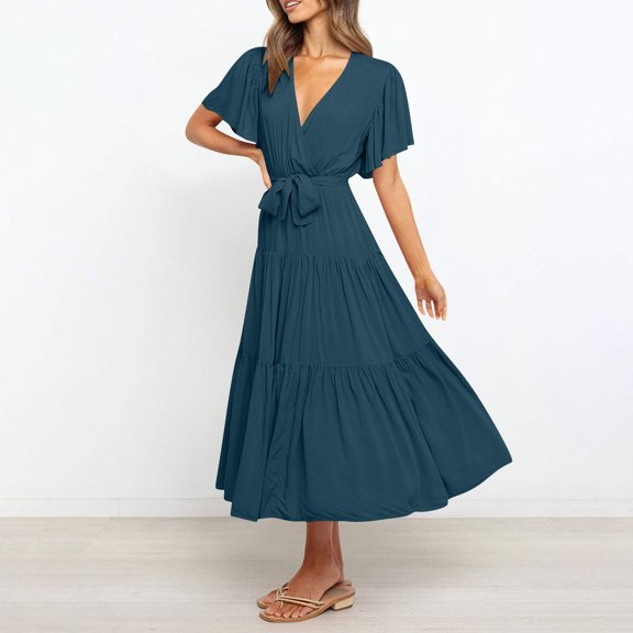 Bnwani Maxi Dresses,Summer Dresses,V-Neck,Drawstring,Short Sleeve,Flare,Navy,L
