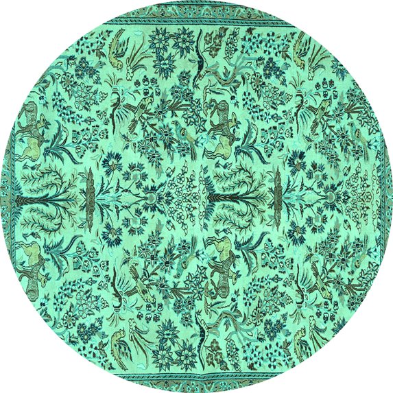 Ahgly Company Machine Washable Indoor Round Persian Turquoise Blue Traditional Area Rugs, 4' Round