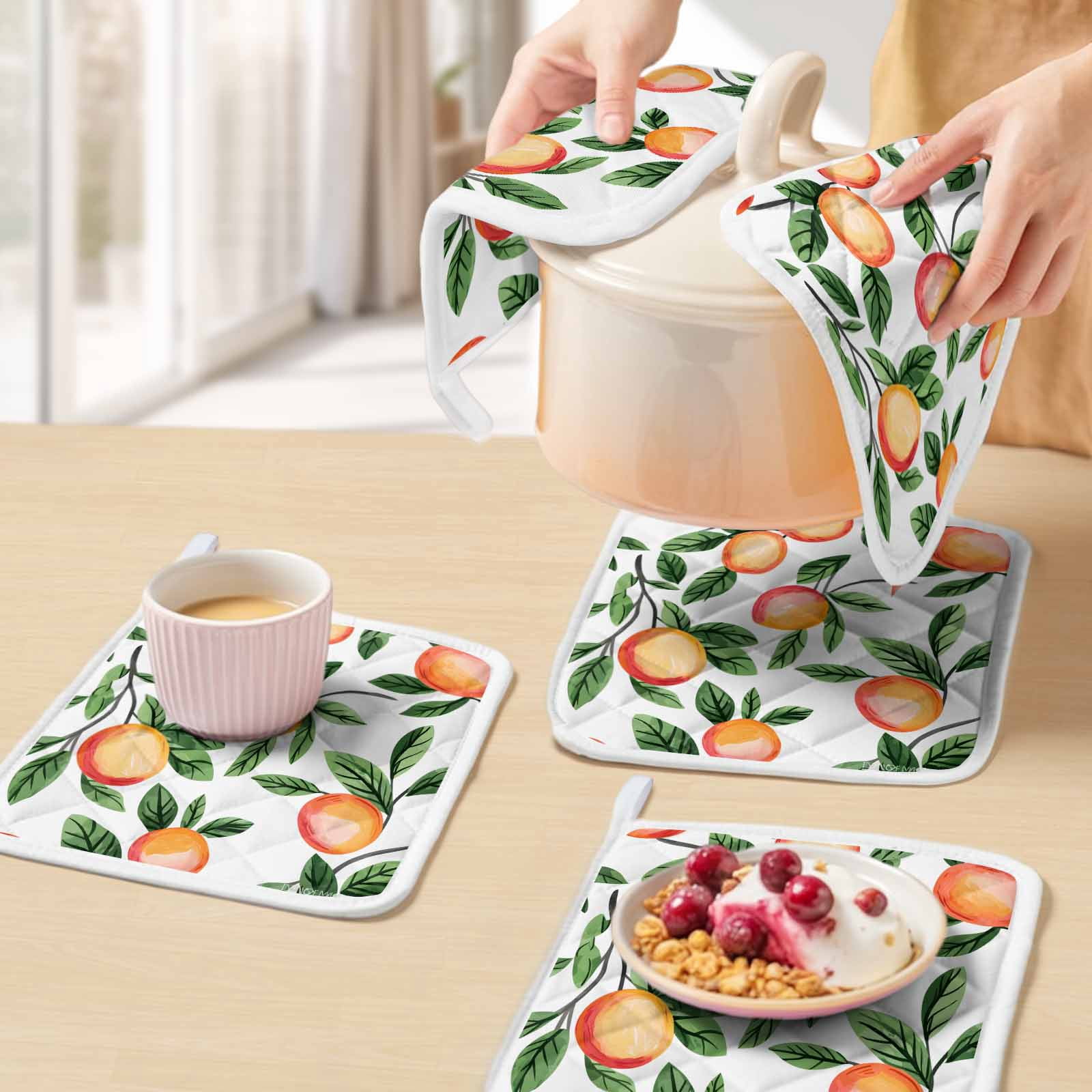 Summer Fruits Pot Holders for Kitchen Heatproof Potholder, 5 Pack Spring Orange Peach Green Botanical Hot Pads Multipurpose Oven Pads Cloth Potholders Trivet for Cooking Baking