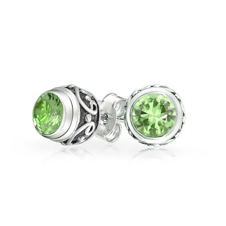 Peridot Green Stud Sterling Earrings - Bali Style Tiny Round Green Peridot Gemstone Stud Earrings For Women Oxidized 925 Sterling Silver August Birthstone