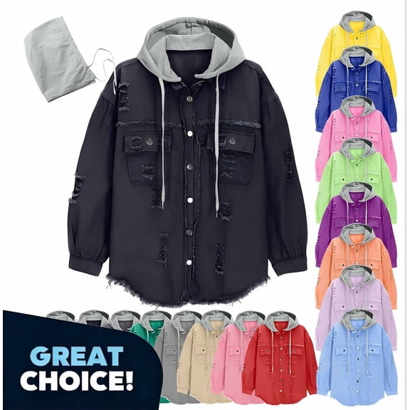 Coorders Women's Midweight Denim Jackets with Hooded, Womens Button Down Jean Jacket Shacket Coat ,Women's Plus Pink,Size S