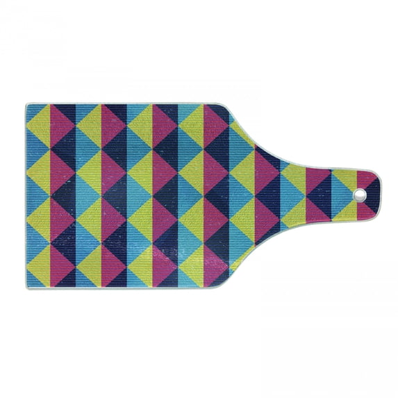 Vintage Cutting Board, Sixties Inspired Triangles with Grunge Effect Colorful Geometric Retro Pattern, Decorative Tempered Glass Cutting and Serving Board, Wine Bottle Shape, Multicolor, by Ambesonne
