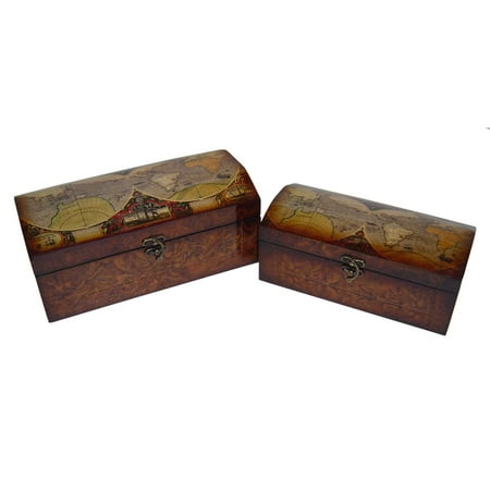UPC: 0195271168563 | Contemporary Home Living Set of 2 Vintage Round Top Wooden Map Themed Storage Boxes 11.5