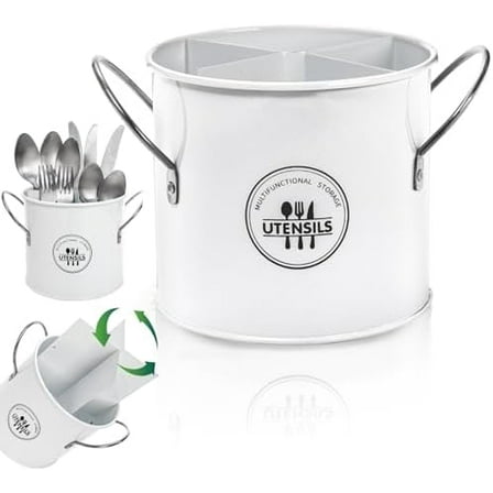 Vintage Utensil Holder, 4 Compartment Metal Silverware Cutlery Caddy with Removable Divider, Round Flatware Organizer with Handle for Kitchen Countertop, Fork Spoon Knife, White