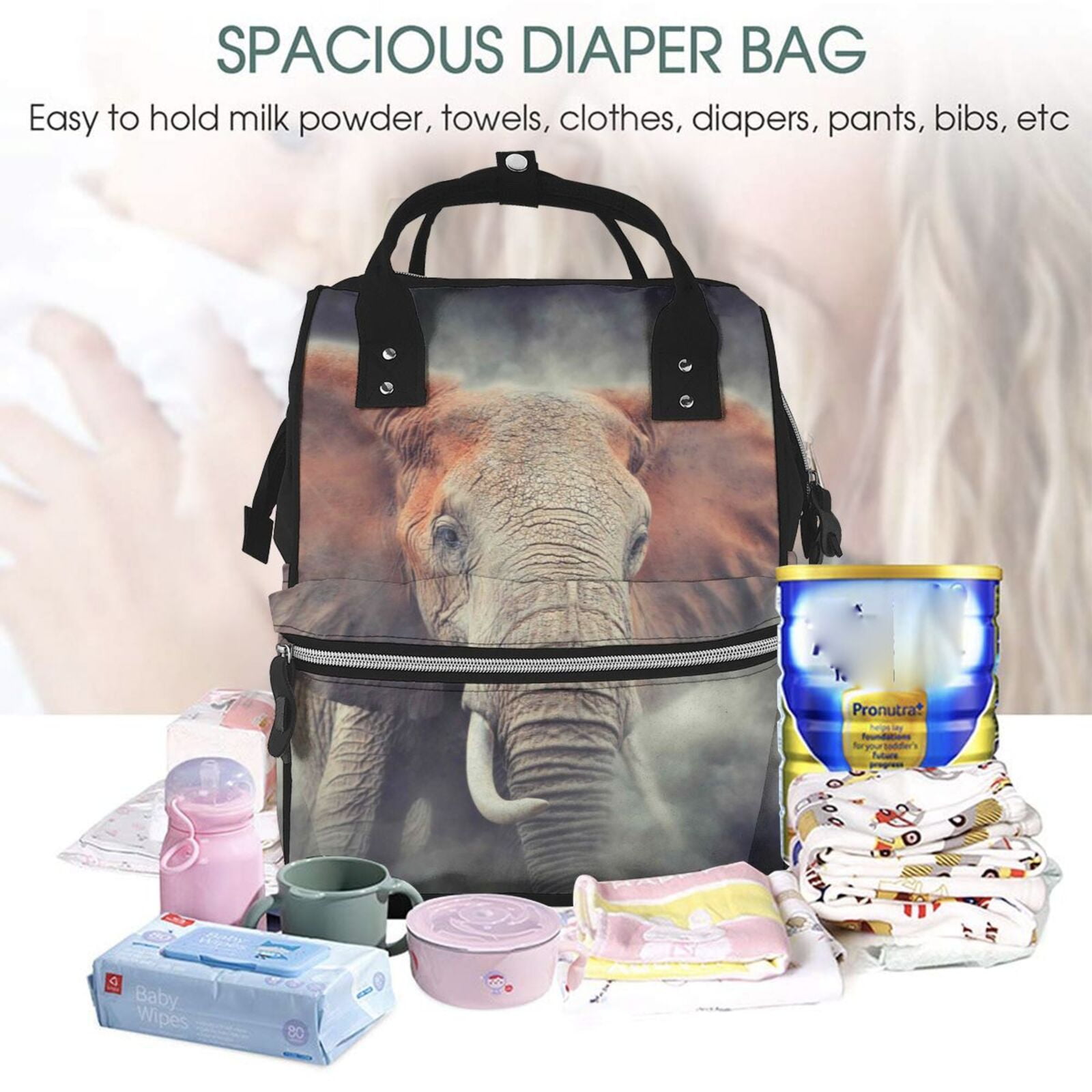 Ratiio Elephant in Smoke Mummy Backpack - Waterproof Twill Canvas, Large Capacity Diaper Bag with Multiple Pockets and Adjustable Straps