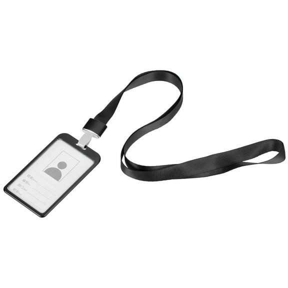 Uxcell 9.5x5.8cm Vertical Aluminum Badge Holder with Metal Hook Lanyard Black