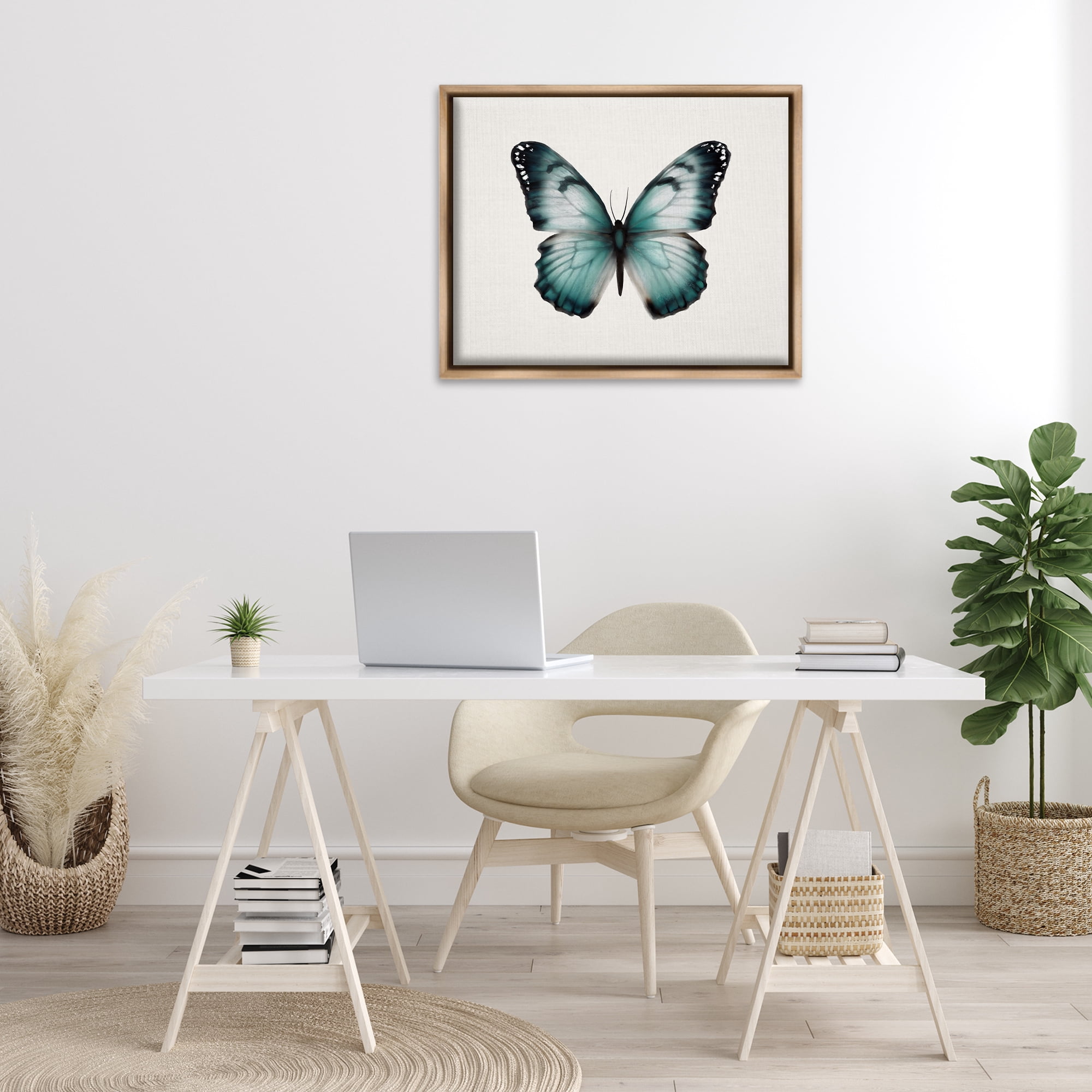 Stupell Industries Teal Symmetrical Butterfly Animals Painting Brown Floater Framed Canvas Art Print Wall Art, 31 x 25
