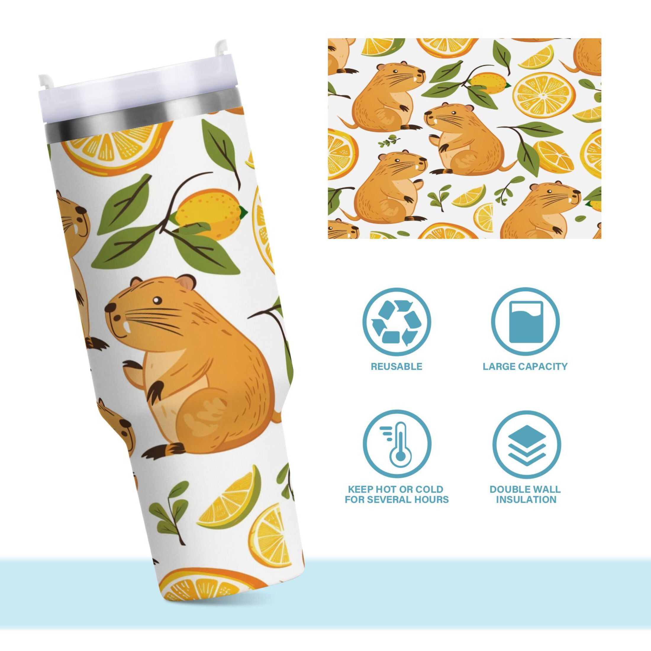 Funny Baby Capybaras and Orange Tumbler with Handle and Straw Lid 30 oz Insulated Vacuum Water Bottle Stainless Steel Travel Cup