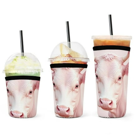 

Set of 3 Packs Reusable Hot And Iced Coffee Cup Sleeve Neoprene Tumbler Sleeve Pink Highland Cow(16 24 32oz)