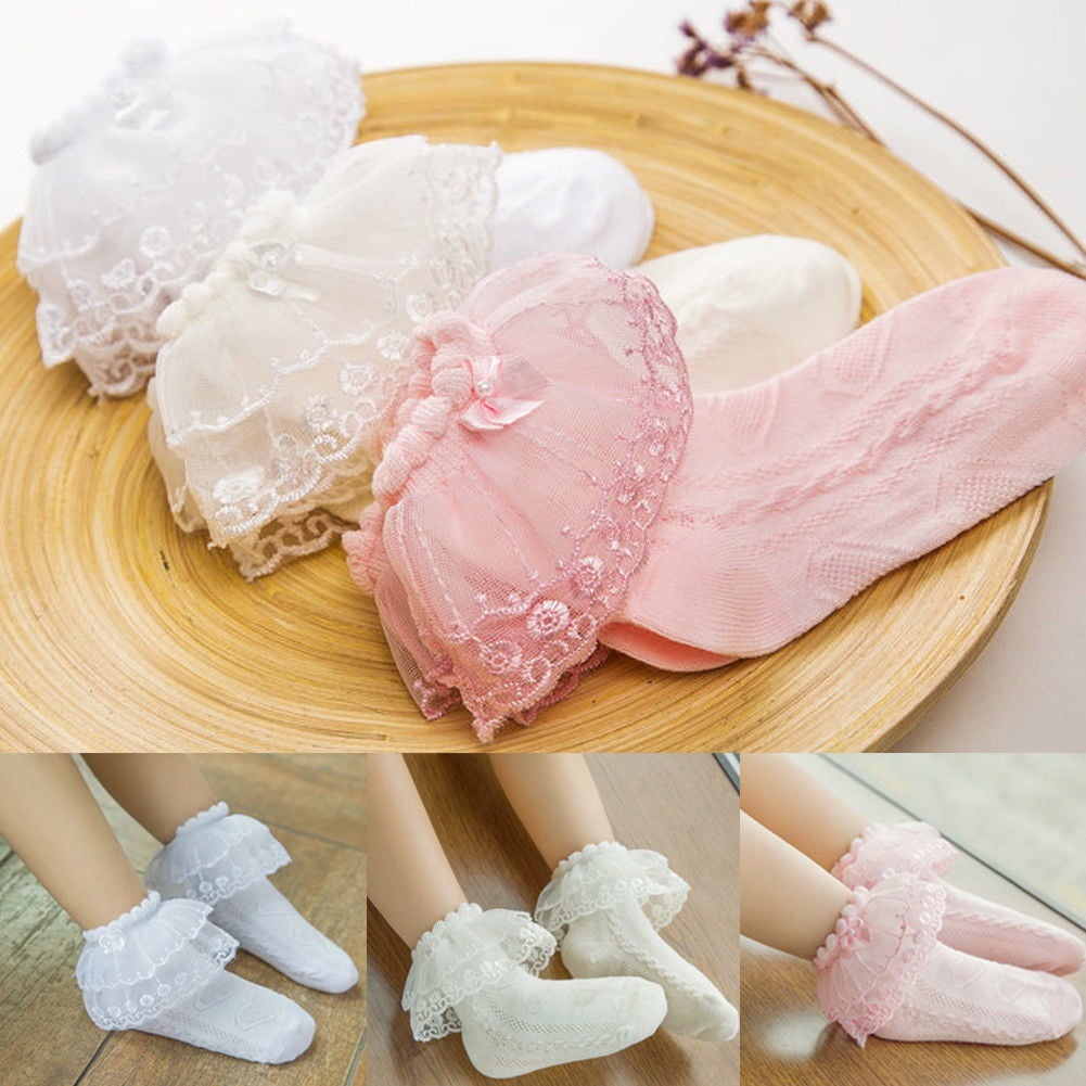 Girls Cute Bow Socks Ruffle Cotton Lace Princess Frilly Ankle Kids Short Socks