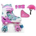 thumbnail image 1 of Patines en paralelo JS Roller ajustables para niñas con casco rosa protecciones y luz led talla S 16 a 21cm, 1 of 5