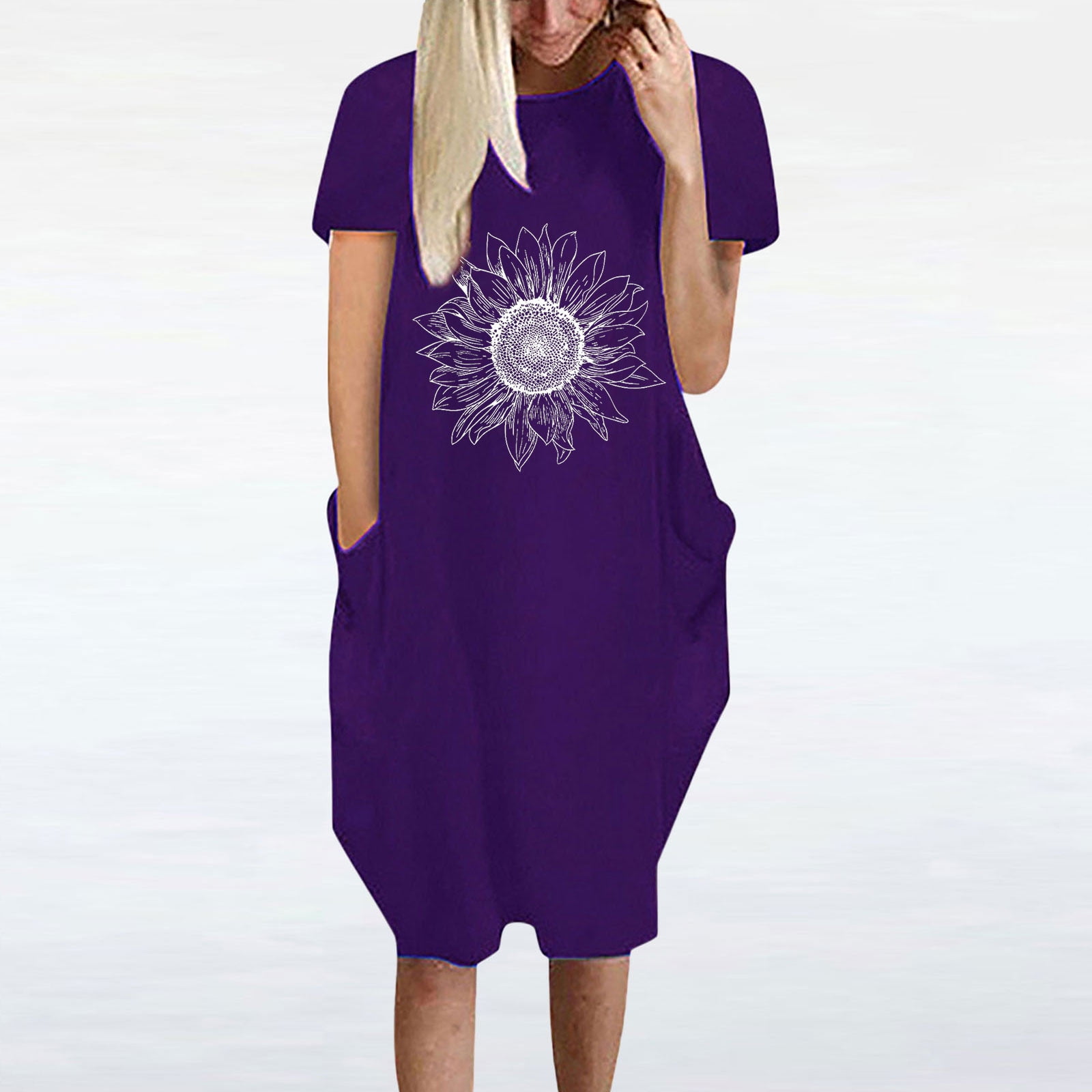 LOVZFMLL Women's Women's Casual Loose Sunflower Print Dress Short Sleeve  V-Neck Dress Purple 2XL - Walmart.ca