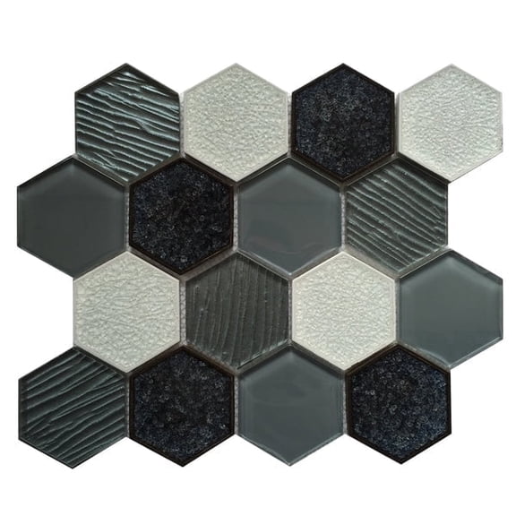 12-in x 11-in Palladian Gray Hex Glass & Porcelain Mosaic Wall Tile(9.17-sq. ft/ Box)