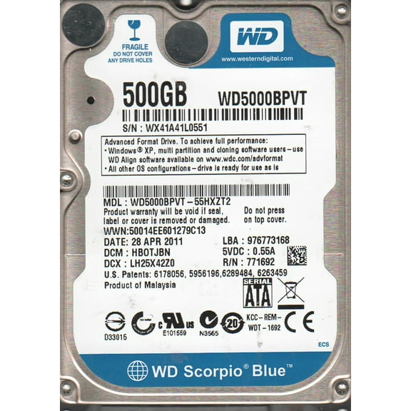 WD5000BPVT-55HXZT2, DCM HBOTJBN, Western Digital 500GB SATA 2.5 Hard Drive