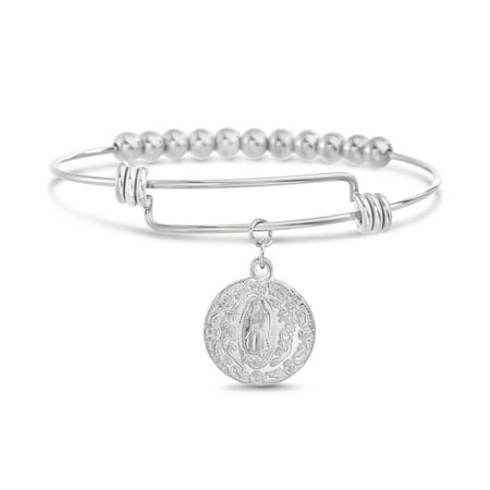 Textured Cuff Bangle - Ladies Polished Textured Charm Religious Beaded Cuff Bangle in Stainless Steel