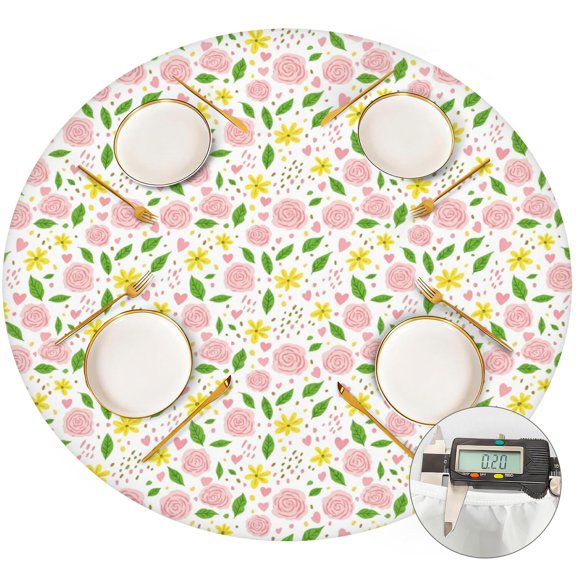 Pioneer Flower Floral Print Pattern Round Fitted Tablecloth with Elastic Edge, Waterproof Dining Table Cover for Indoor Outdoor Camping and Daily Use
