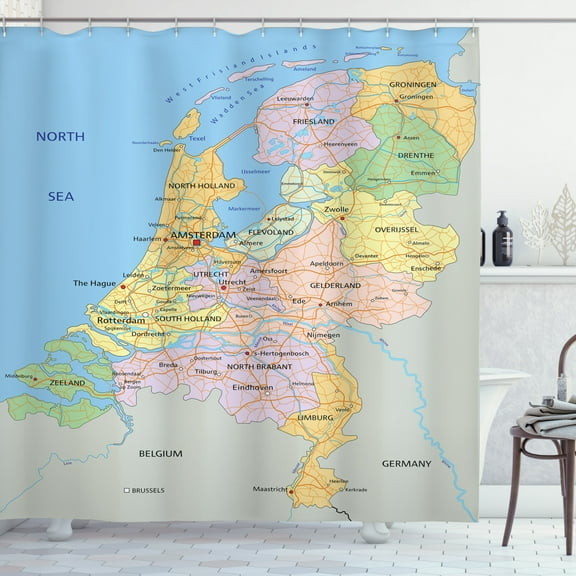 Amsterdam Shower Curtain, Mapping Demonstration of Cities Surrounding Main Regions Geographical Print, Fabric Bathroom Set with Hooks, 69W X 84L Inches Extra Long, Multicolor, by Ambesonne