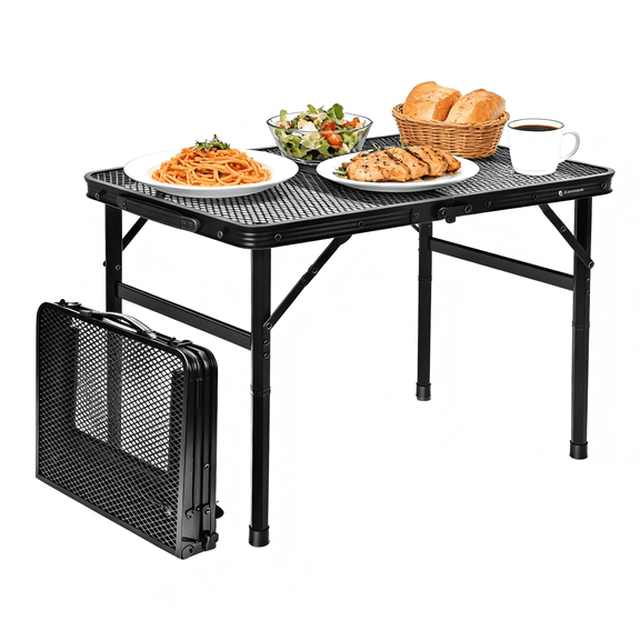 Efoee Folding Grill Table for Outside,Portable Camping Table with Carry Handle and Metal Mesh, Patio Picnic, Backyard, BBQ,Black