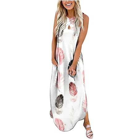 

Summer Dresses for Women 2023 Printed Sleeveless Floral Print Dress Cross Front Neck Maxi Dress White S