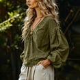 thumbnail image 5 of Tqcoqu Women's Linen Blend V-Neck Gathered Puff Long Sleeve Casual Blouse,Army Green Women's S-XXL, 5 of 7