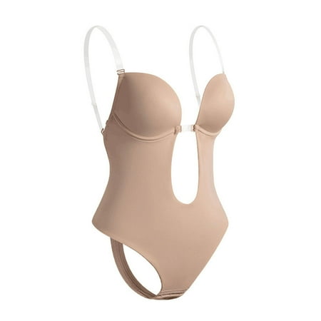 HEVIRGO Removal Invisible Shoulder Straps Body Shaper U-shape Backless Deep V-neck Bodysuit Bra Shapewear for Inside Wear Skin Color L