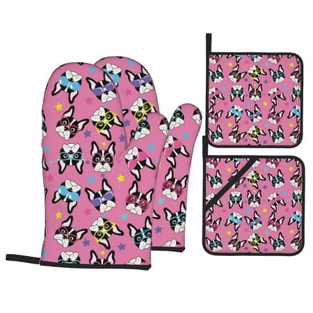 

Oven Mitts and Pot Holders 4 pcs Set Colorful cute french bulldog Heat Resistant Pot Holders Oven Mitts for kitchen Non-Slip Hanging Loop Oven Glove Potholders for Baking Cooking