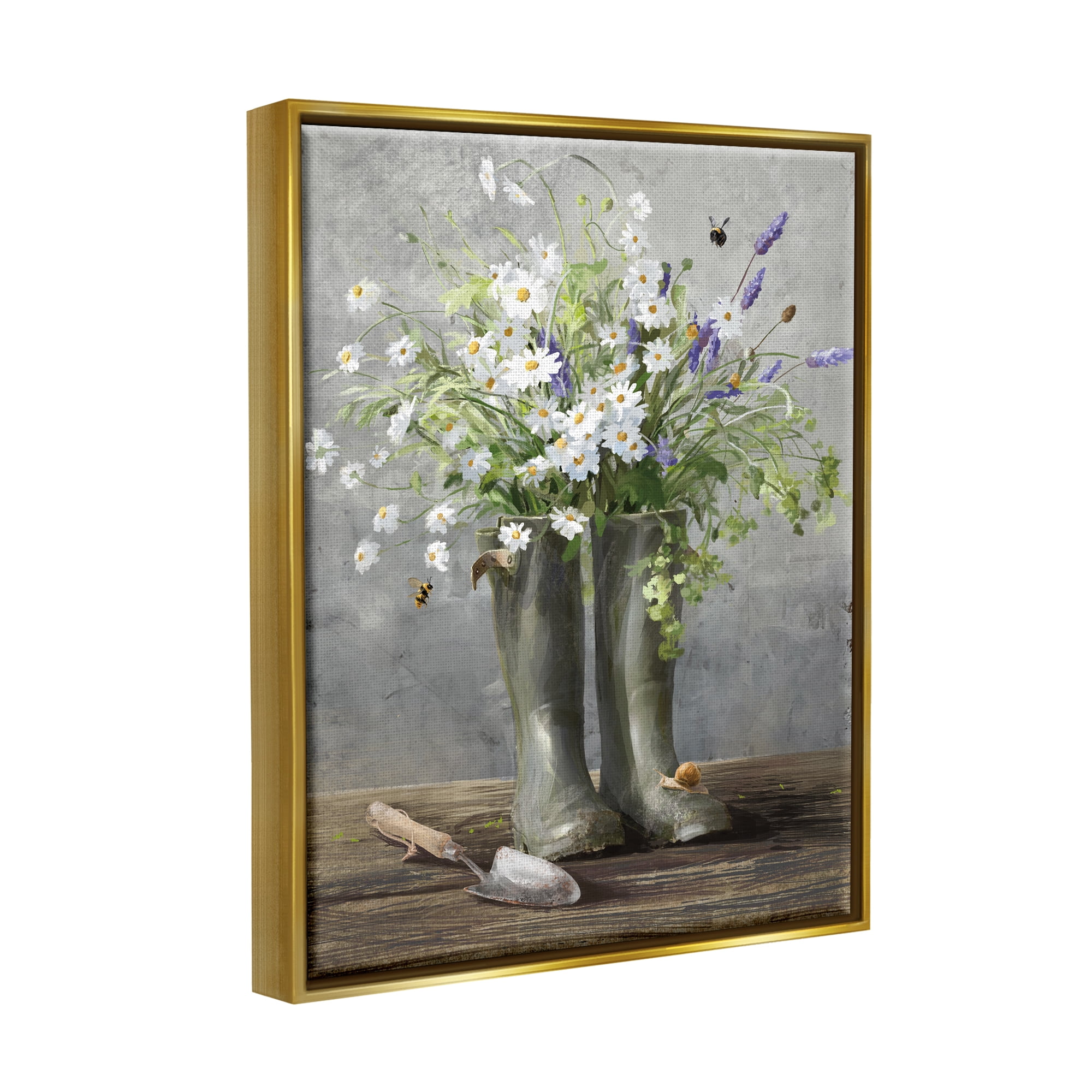 Stupell Industries Gardening Boots Bouquet Botanical & Floral Painting Gold Floater Framed Art Print Wall Art, 17 x 21