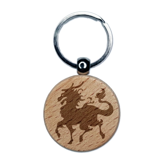 Kirin Qilin Mythical Asian Dragon Horses Round Keychain Charm Tag - Engraved Wood