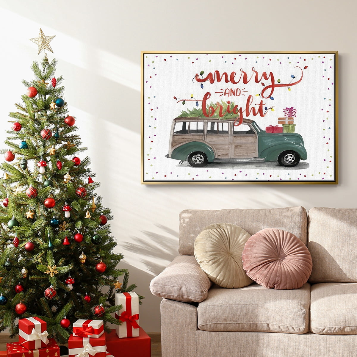 Christmas Cars Collection A - Framed Gallery Wrapped Holiday Canvas - 25 x 37 - Gold Frame