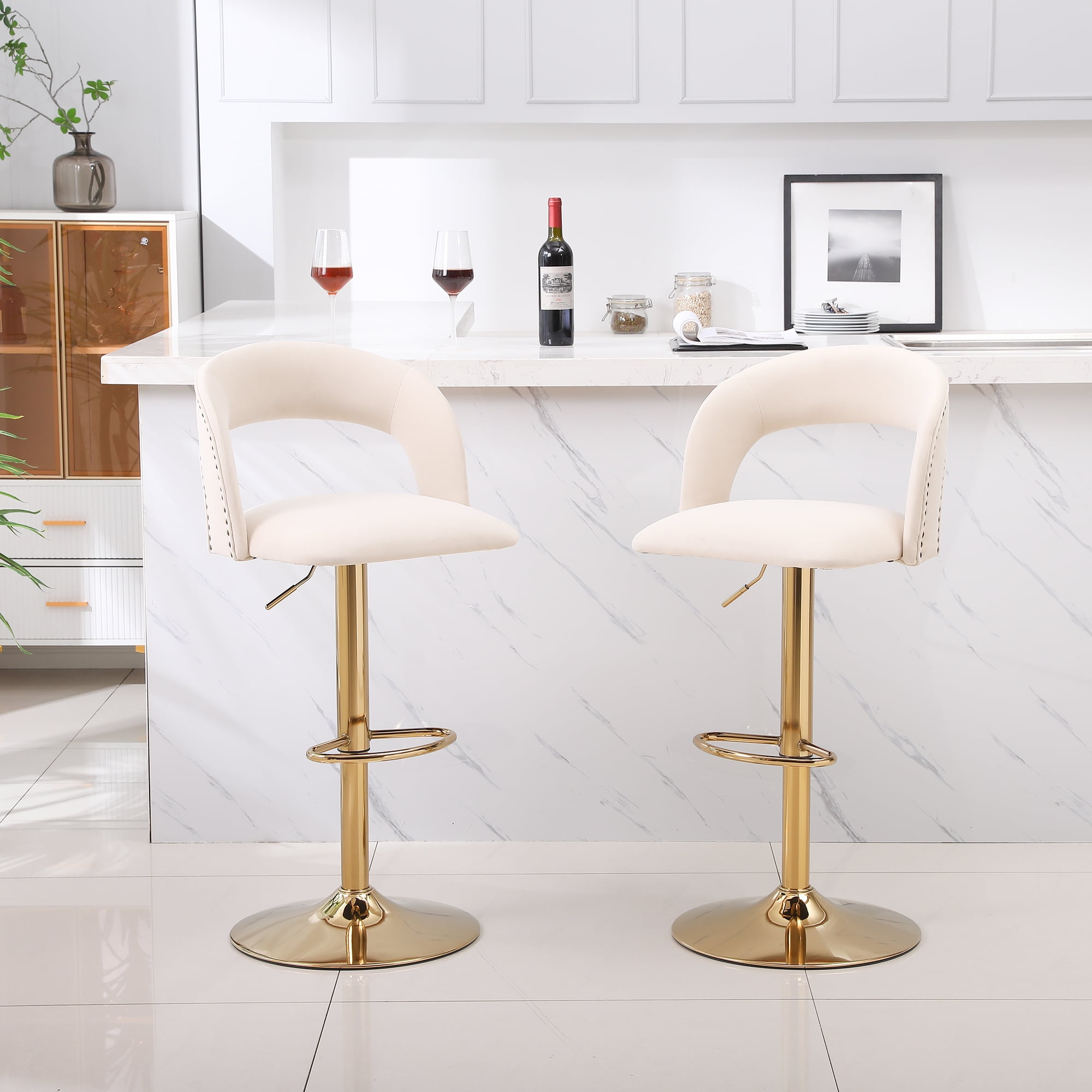 Kadyn Adjustable Tufted Swivel Bar Stool with Back& Footrest for Home, Beige, Set of 2