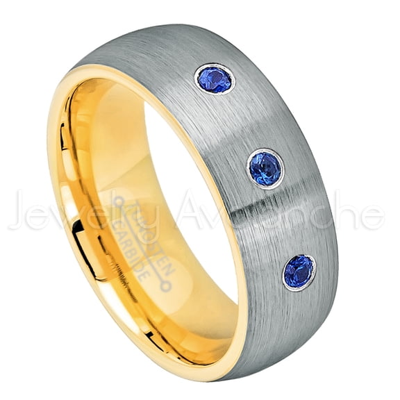2-Tone Dome Yellow Gold Plated Inner Tungsten Ring - 0.21ctw Blue Sapphire 3-stone Band - Personalized Tungsten Wedding Ring - Custom Made September Birthstone Ring TN738BS