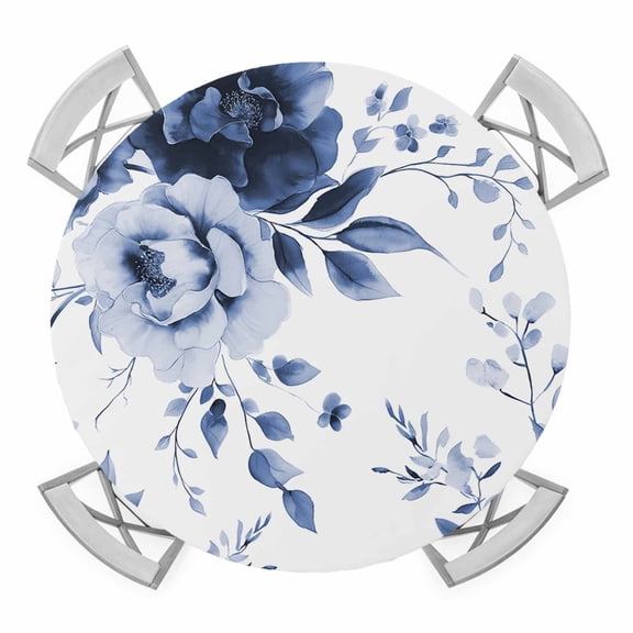 Elastic Fitted Round Tablecloth, Blue Floral Art Waterproof Stretch Table Cover for 36"-44" Tables, Watercolor Botanical Spring Flowers Washable Outdoor Tablecloths for Patio, Picnic, Camping