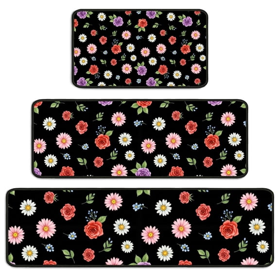 Pioneer Flower Floral Print Pattern Kitchen Rugs Sets Of 3,Kitchen Runner Rugs Non Skid Washable,Decorative Kitchen Floor Mats for Kitchen,Sink,Laundry,17X30 Inch 17X47 Inch 17X59 Inch